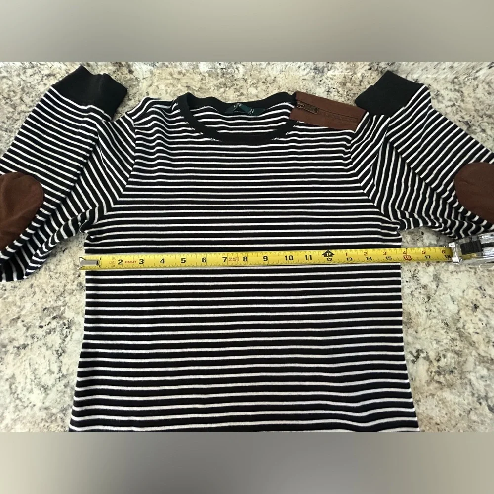 Lauren Ralph Lauren Black White Striped Top Suede Elbow Patches and Accents Sz M - Picture 14 of 15